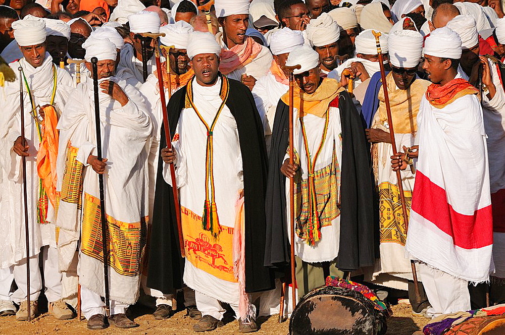 Ethiopia, Lalibela,Timkat festival, Singing dabtaras or choristers   Every year on january 19, Timkat marks the Ethiopian Orthodox celebration of the Epiphany  The festival reenacts the baptism of Jesus in the Jordan River  Wrapped in rich cloth, the